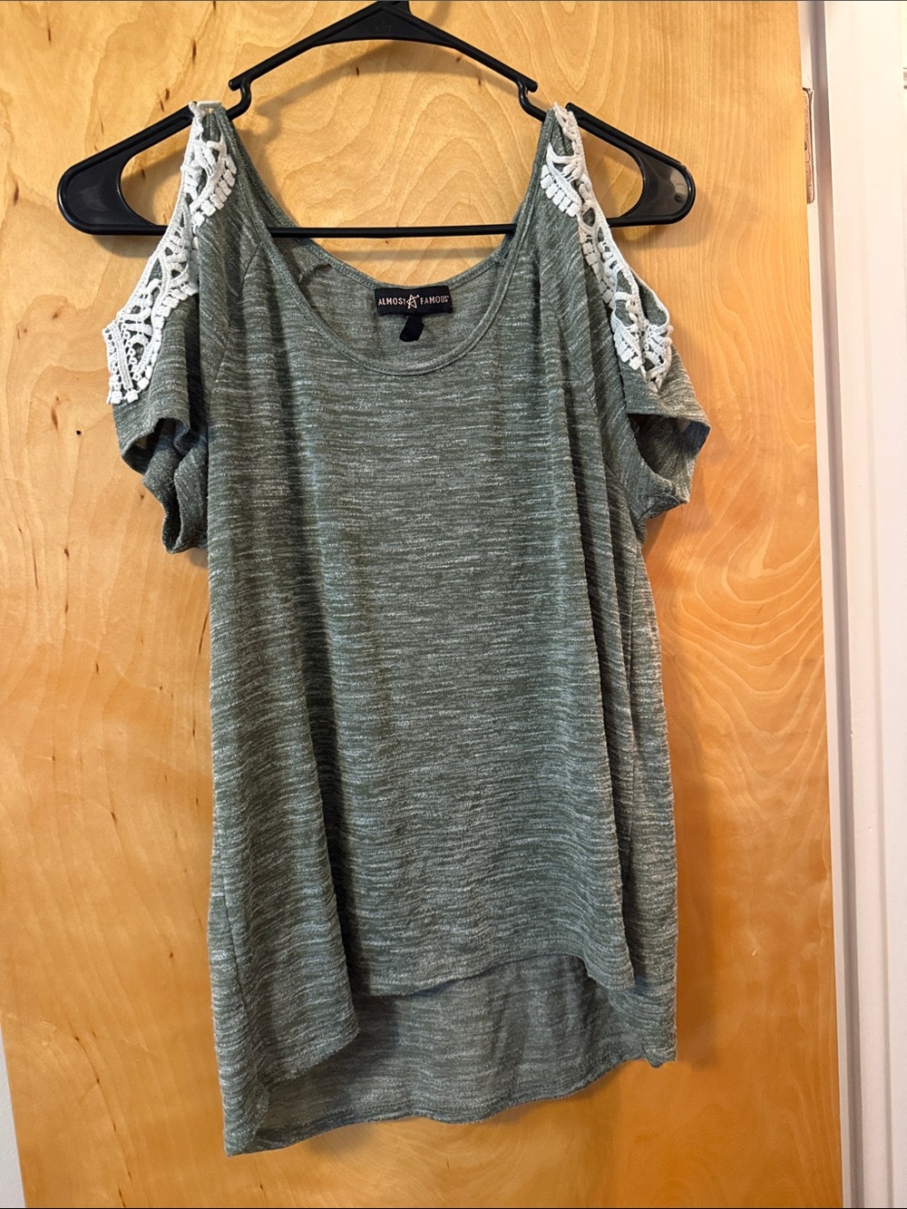 Almost Famous Olive Green Cold-Shoulder Top with White Crochet Trim